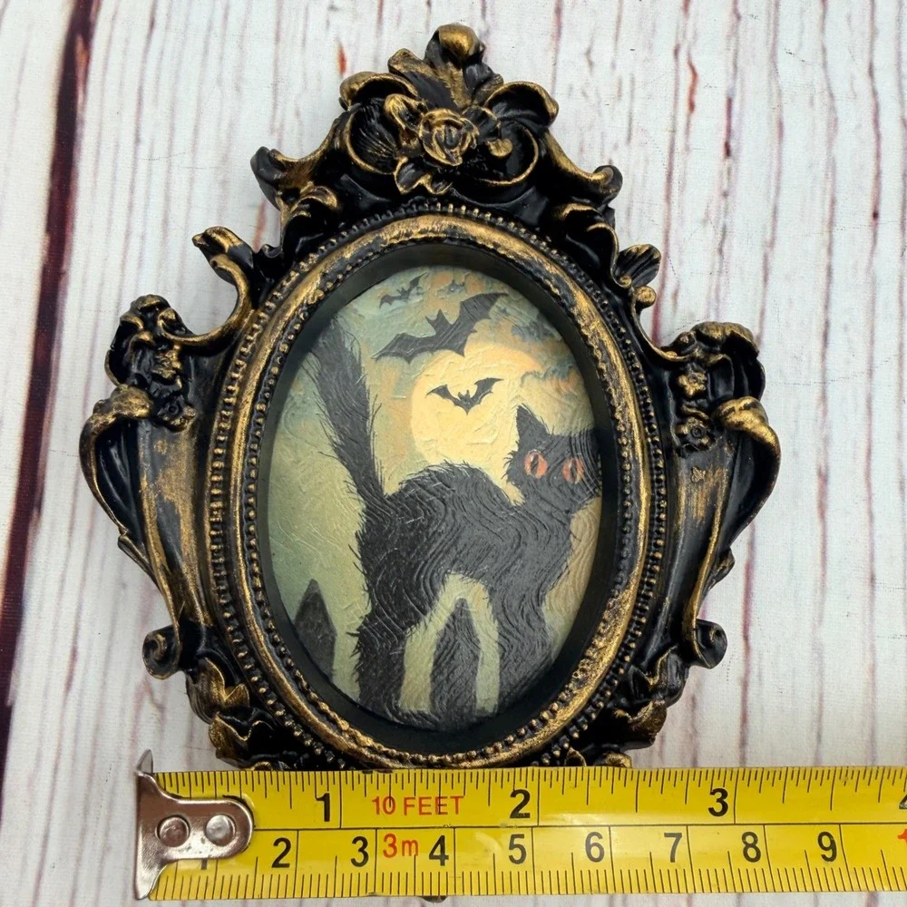 Gothic Black Cat Halloween Miniature Frame Gold Black Resin Decor 4.75in